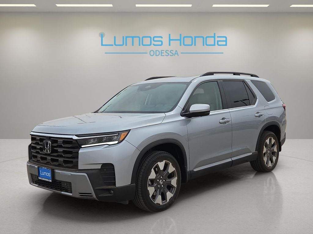 2026 Honda Pilot Touring in Solar Silver Metallic — front three-quarter view